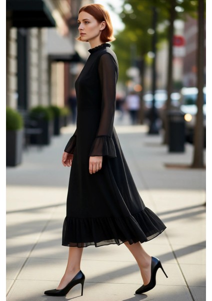 Kadın A Line Kesim Midi Boy Ispanyol Kol Dik Yakalı Şifon Dokuma Astarlı Fırfırlı Özel Gün Elbisesi