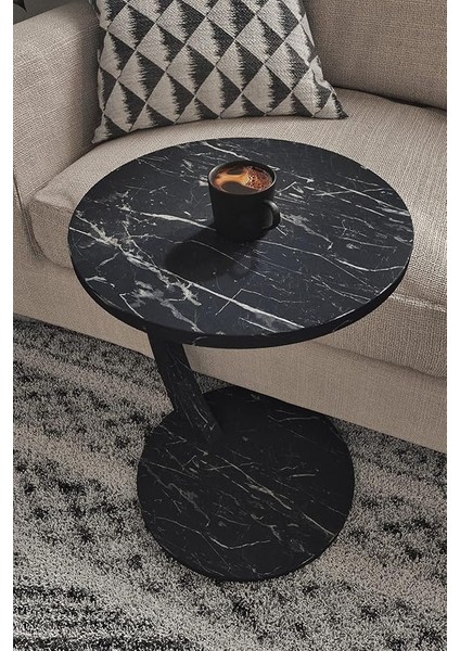 Tekerlekli C Sehpa Koltuk Sehpası Yan Sehpa Zigon Sehpa Servis Sehpası - Siyah Mermer Desen modelleri