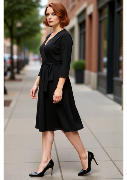 Kadın Büyük Beden Mor Kruvaze Kuşaklı A Line Örme Midi Elbise Şık ve Rahat Bir Seçim Kaliteli