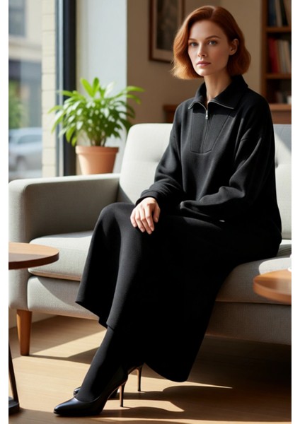 Kadın Füme Rahat Kalıp Maxi Boy Fermuarlı Dik Yaka Düz Desen Uzun Kol Triko Elbise Kaliteli fiyatları