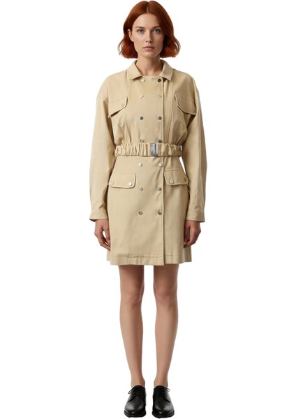 Kadın Bej Ceket Yaka %100 Pamuk Kemerli Uzun Kollu Gabardin Dokuma Düğmeli Mini Elbise Şık Kışlık modelleri