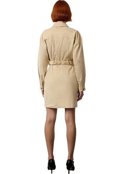 Kadın Bej Ceket Yaka %100 Pamuk Kemerli Uzun Kollu Gabardin Dokuma Düğmeli Mini Elbise Şık Kışlık fırsatları