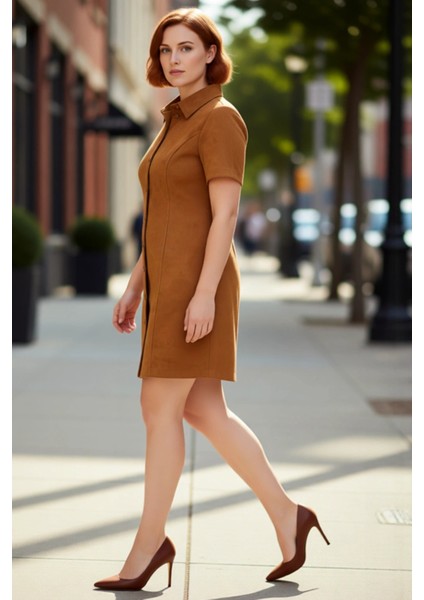 Kadın Gömlek Yaka Kahverengi Süet Dokuma A Line Kısa Kol Mini Elbise Sonbahar Için Ideal Seçim