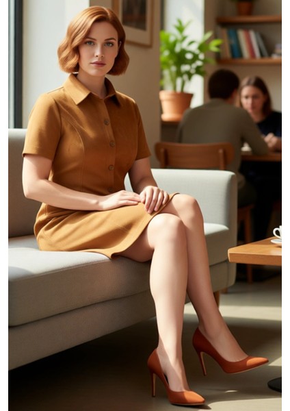 Kadın Gömlek Yaka Kahverengi Süet Dokuma A Line Kısa Kol Mini Elbise Sonbahar Için Ideal Seçim fiyatları