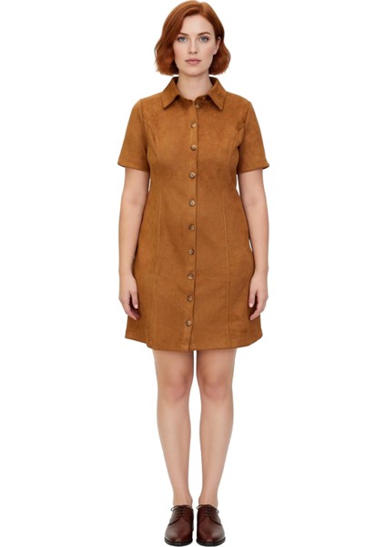 Kadın Gömlek Yaka Kahverengi Süet Dokuma A Line Kısa Kol Mini Elbise Sonbahar Için Ideal Seçim modelleri