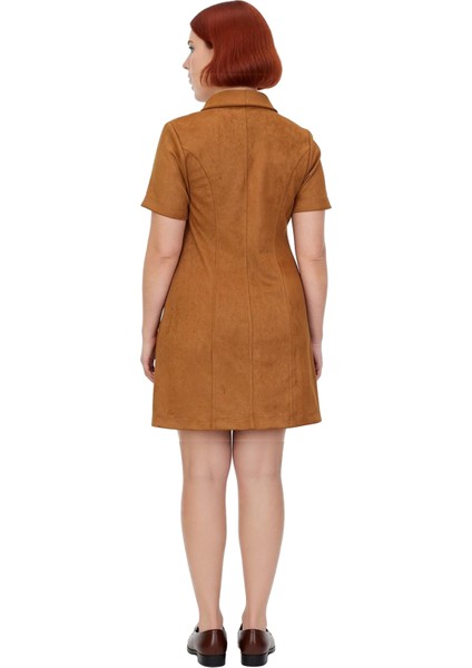 Kadın Gömlek Yaka Kahverengi Süet Dokuma A Line Kısa Kol Mini Elbise Sonbahar Için Ideal Seçim fırsatları