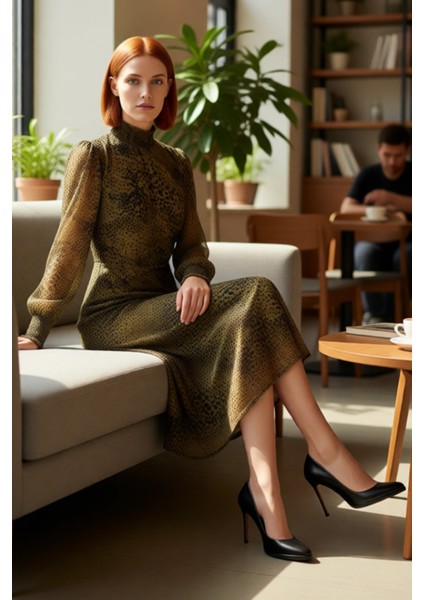 Kadın A Line Balon Kol Gipeli Midi Elbise Dik Yaka Şifon Animal Desenli Şık ve Zarif Bir Seçim fiyatları