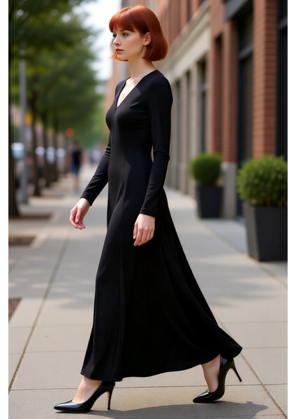 Kadın Maxi Bodycon Kalıp V Yaka Uzun Kollu Düz Desen Yırtmaç Detaylı Şık Modern Örme Elbise