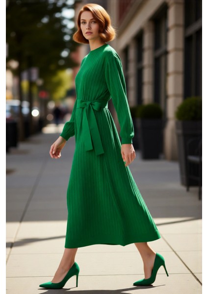 Kadın Tesettür Giyim Kuşaklı Triko Elbise Shift Kalıp Maxi Boy Uzun Balon Kol Detaylı Kaliteli