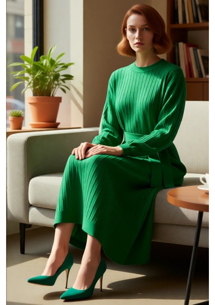 Kadın Tesettür Giyim Kuşaklı Triko Elbise Shift Kalıp Maxi Boy Uzun Balon Kol Detaylı Kaliteli fiyatları