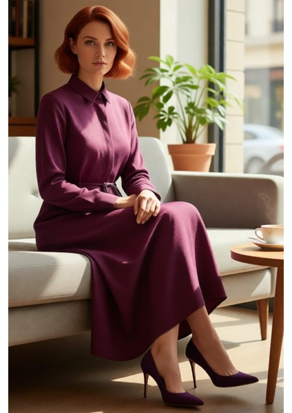 Kadın A Line Gömlek Yaka Maxi Boy Astarsız Keten Görünümlü Düz Tesettür Dokuma Elbise Kaliteli fiyatları