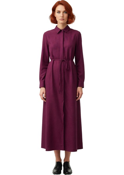 Kadın A Line Gömlek Yaka Maxi Boy Astarsız Keten Görünümlü Düz Tesettür Dokuma Elbise Kaliteli modelleri