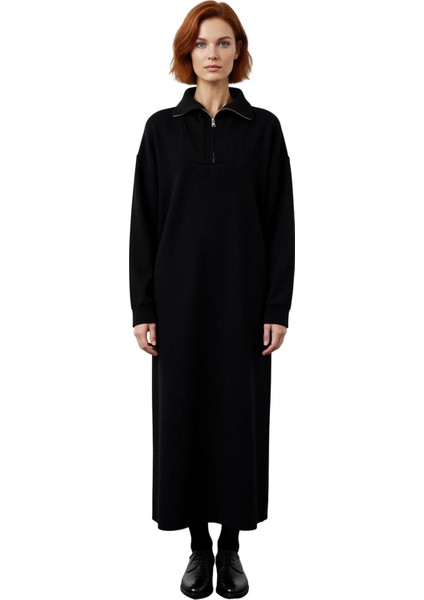 Kadın Füme Rahat Kalıp Maxi Boy Fermuarlı Dik Yaka Düz Desen Uzun Kol Triko Elbise Kaliteli modelleri