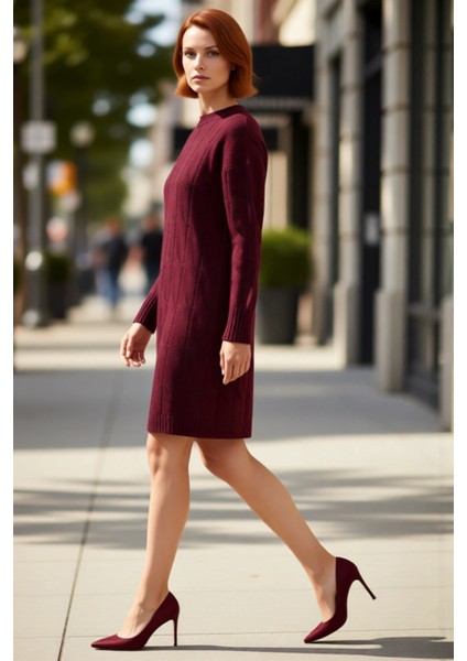 Kadın Saç Örgü Desenli Shift Kalıp Uzun Kol Bisiklet Yaka Mini Triko Elbise Şık ve Konforlu