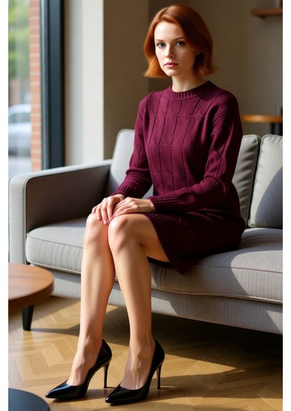 Kadın Saç Örgü Desenli Shift Kalıp Uzun Kol Bisiklet Yaka Mini Triko Elbise Şık ve Konforlu fiyatları