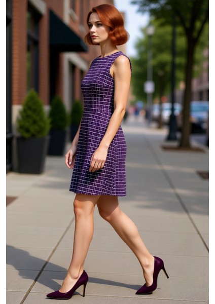 Kadın A Kesim Kolsuz Ofis Elbisesi Ekose Kareli Dokuma Tüvit Kumaş Ilkbahar Sonbahar Şıklığı