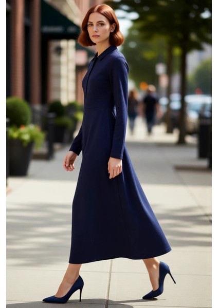 Kadın A Line Kesim Polo Yaka Maxi Örme Krep Elbise Düz Deseniyle Gün Boyu Şıklık Sunar Kaliteli