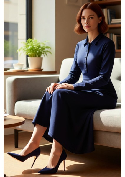 Kadın A Line Kesim Polo Yaka Maxi Örme Krep Elbise Düz Deseniyle Gün Boyu Şıklık Sunar Kaliteli fiyatları