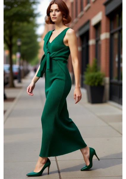 Kadın Bodycon Kesim Midi Triko Elbise Uzun Kollu Uyumlu Kazak Ikili Takım Şık Günlük Stile Uygun