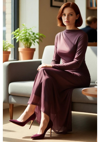 Kadın Batik Desenli Dik Yaka Skater Midi Elbise Şık ve Modern Uzun Kollu Örme Kumaş Tasarım fiyatları