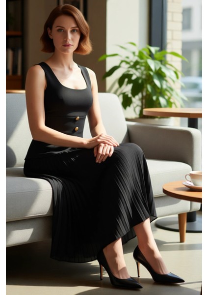 Kadın A Kesim Kare Yaka Kolsuz Piliseli Midi Elbise Şık Altın Düğmeli Astarlı Modern Tasarım fiyatları