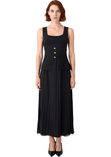 Kadın A Kesim Kare Yaka Kolsuz Piliseli Midi Elbise Şık Altın Düğmeli Astarlı Modern Tasarım modelleri