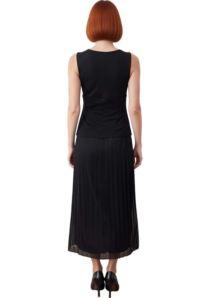 Kadın A Kesim Kare Yaka Kolsuz Piliseli Midi Elbise Şık Altın Düğmeli Astarlı Modern Tasarım fırsatları