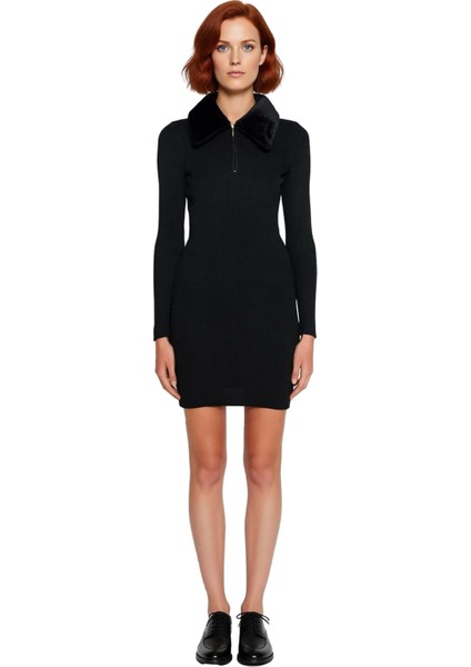 Siyah Kadın Bodycon Triko Mini Elbise Fermuarlı Polo Yaka Uzun Standart Kollu Suni Kürk Detaylı modelleri