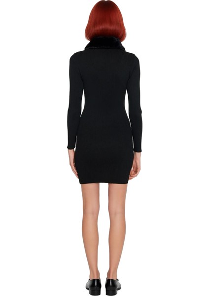 Siyah Kadın Bodycon Triko Mini Elbise Fermuarlı Polo Yaka Uzun Standart Kollu Suni Kürk Detaylı fırsatları