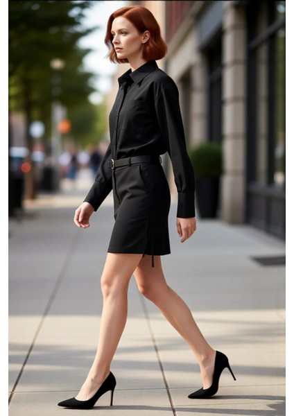 Kadın Siyah Kemerli Mini Gömlek Elbise Polyester Karışımlı Uzun Yarasa Kol Kış Gündüz Gece