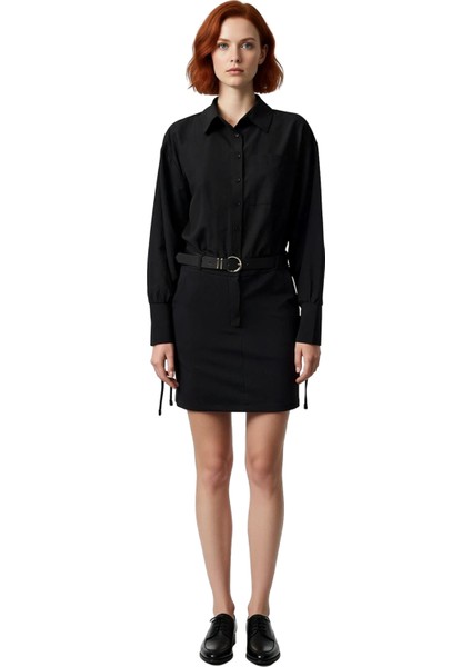 Kadın Siyah Kemerli Mini Gömlek Elbise Polyester Karışımlı Uzun Yarasa Kol Kış Gündüz Gece modelleri