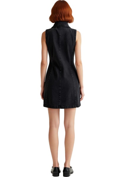 Kadın Modern A Line Kolsuz Dik Yaka Fermuar Düğme Detaylı Mini Denim Elbise Yaz Ilkbahar Için modelleri