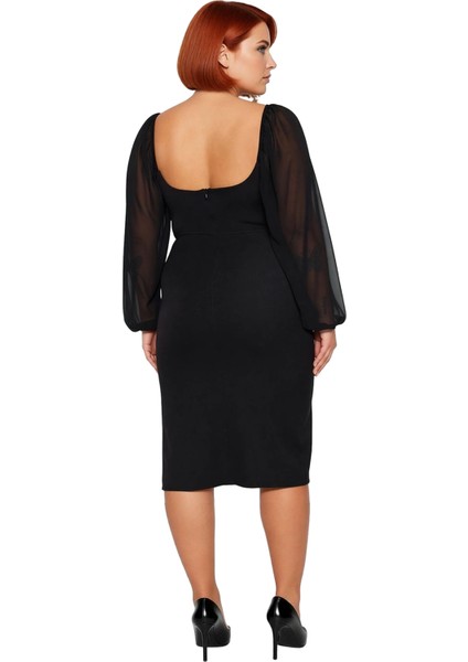 Kadın Büyük Beden Bodycon Midi V Yaka Uzun Kol Dokuma Krep Şık Elbise Ilkbahar Sonbahar Özel fırsatları