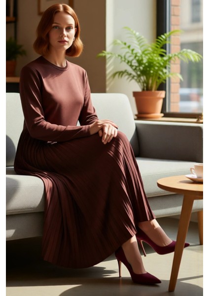 Kadın A Kesim Uzun Kol Bisiklet Yaka Fermuarlı Piliseli Maxi Örme Elbise Kış Kombinleri Için fiyatları