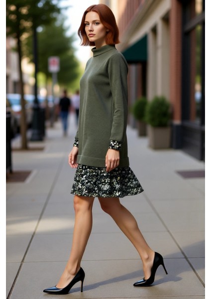 Kadın Selanik Örme Dik Yaka Uzun Kol Shift Kalıp Mini Elbise Çiçek Desenli Günlük Şıklık Kaliteli