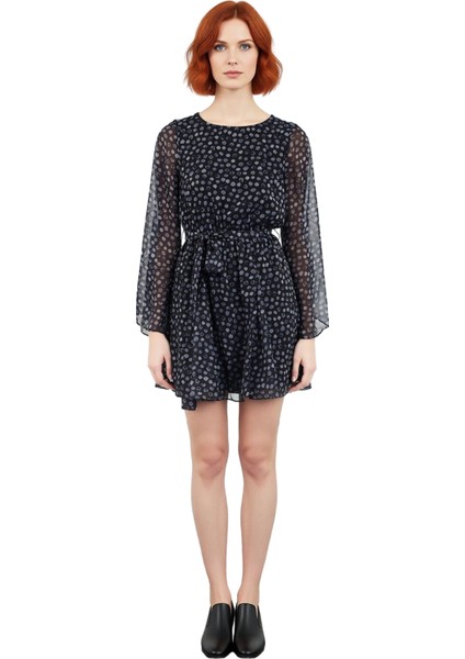 Kadın Mini Skater Elbise Dokuma Şifon Kumaş Bisiklet Yaka Çok Renkli Çiçek Desenli Patchwork fiyatları