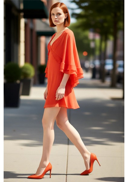 Kadın Çiçekli V Yaka Skater Polyester Mini Elbise Yarasa Kollu Astarlı Kokteyl Şıklığı Için Ideal