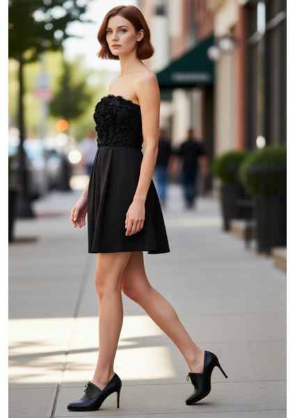 Kadın Siyah Straplez A Kesim Mini Elbise Şık Gül Detaylı Doğum Günü Mezuniyet Partisi Için