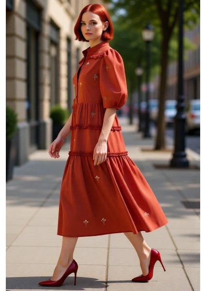 Kadın Truvakar Balon Kol Nakış Işlemeli Hakim Yaka Midi Boy Dokuma Elbise Ilkbahar Şıklığı fırsatları