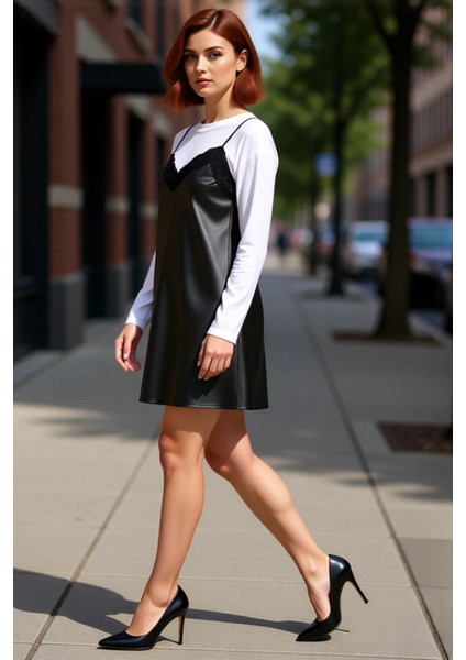 Kadın Siyah A Line Kesim Dantel Detaylı Askılı Suni Deri Mini Elbise Cool Comfort Stil Kaliteli