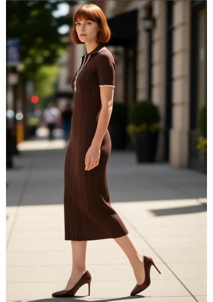 Kadın Bodycon Kesim Midi Boy Triko Elbise Polo Yakalı Renk Bloklu Kısa Kollu Şık Tasarım Kaliteli