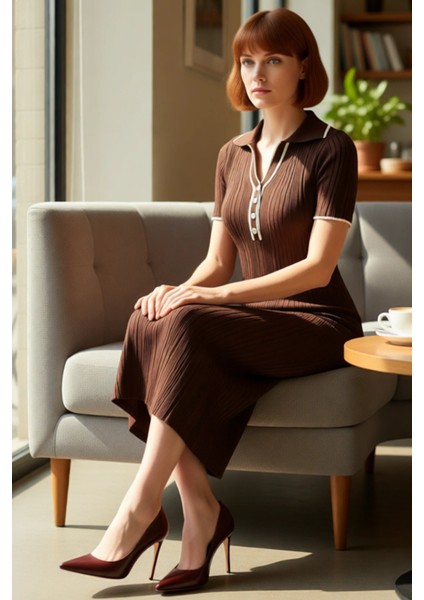 Kadın Bodycon Kesim Midi Boy Triko Elbise Polo Yakalı Renk Bloklu Kısa Kollu Şık Tasarım Kaliteli fiyatları