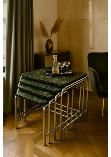 Homebella Massafra Mermer Desen 4'lü Zigon Sehpa Krom Nikel Ayaklı Tse E1 Üreticiden