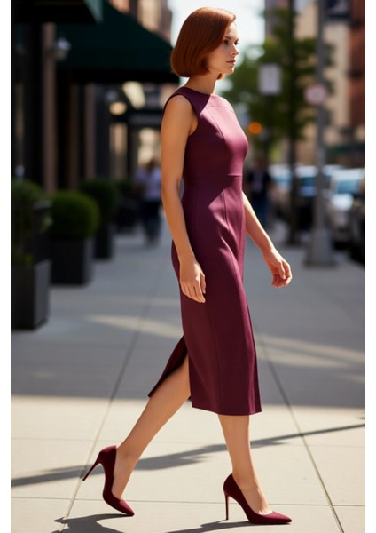Kadınlara Özel Smart Bodycon Süet Dokuma Midi Elbise Kolsuz Şık Tasarımıyla Gündüzden Geceye.
