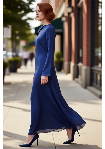 Kadın Abiye Maxi Elbise Asimetrik Yakalı Düğme Detaylı Uzun Kollu Astarlı Parti Şıklığı Kaliteli