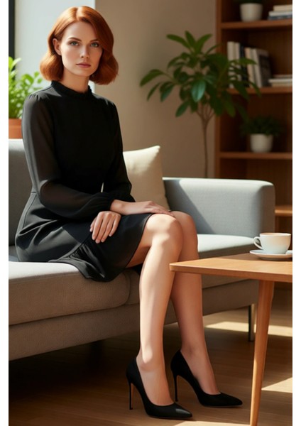 Kadın A Kesim Fırfır Detaylı Dik Yaka Mini Şifon Dokuma Astarlı Uzun Kol Elbise Modern Şıklık fiyatları