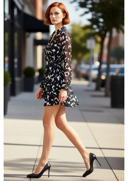 Kadın Şifon Kruvaze Geometrik Desenli Bağlama Detaylı Balon Kol Astarlı Mini Elbise Kaliteli