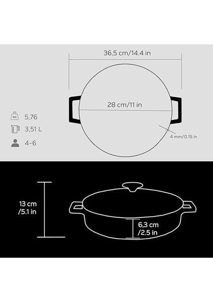 Metal Döküm Çok Amaçlı Yayvan Tencere, Trendy, 28 Cm, 3.51 L Hacim, Siyah indirimleri