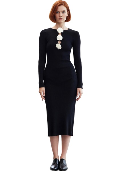 Kadın Limited Edition Siyah Bodycon Triko Gül Detaylı Maxi Elbise Ilkbahar Sonbahar Zarafeti Sunar modelleri