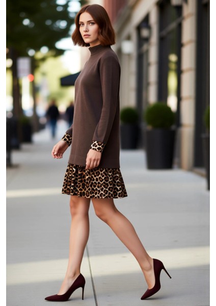 Kadın Selanik Örme Dik Yaka Uzun Kol Shift Kalıp Mini Elbise Çiçek Desenli Günlük Şıklık Kaliteli